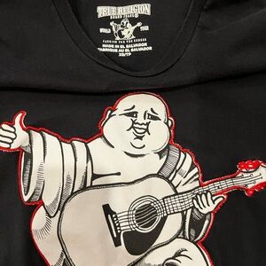 True Religion Black Tee with White & Red Buddha Guitar Graphic